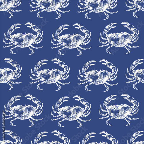 Vector sea animals seamless pattern. Ocean crab in white on blue.
