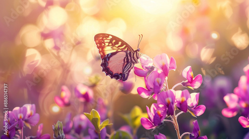 Wallpaper Mural Close-up of purple wild peas with a butterfly perched on them in the morning light Torontodigital.ca