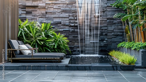 A stylish terrace with a built-in water feature and waterfall, set against a modern architectural backdrop, leaving plenty of space on the top and bottom for copy
