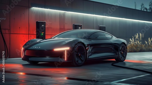 Sleek black electric sports car charging at a modern station under moody lighting, showcasing futuristic automotive design.