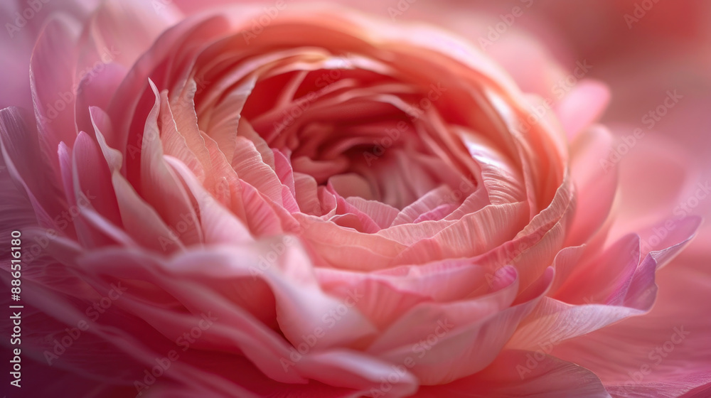 Detailed macro image of a pink ranunculus bloom, focusing on its intricate layers