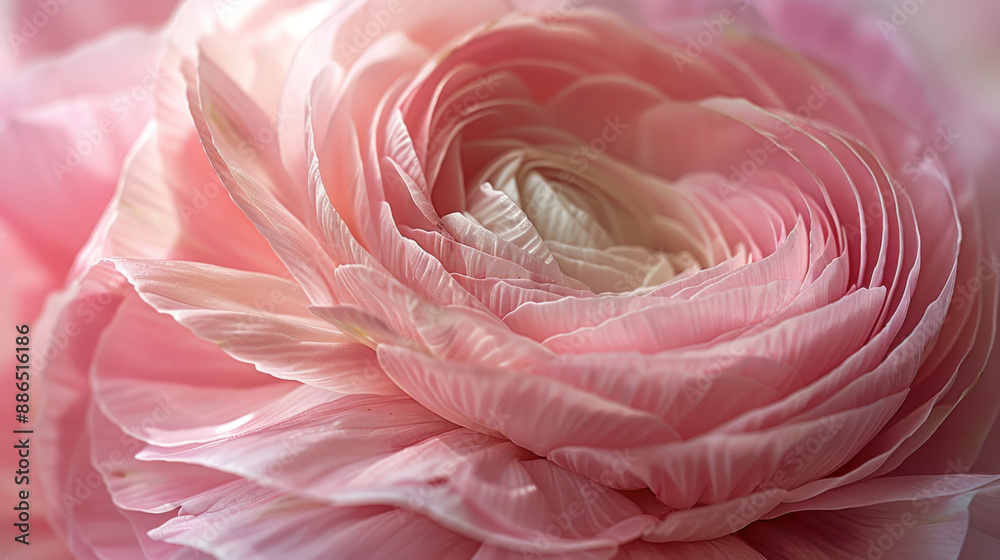Detailed macro image of a pink ranunculus bloom, focusing on its intricate layers Detailed macro image of a pink ranunculus bloom, focusing on its intricate layers