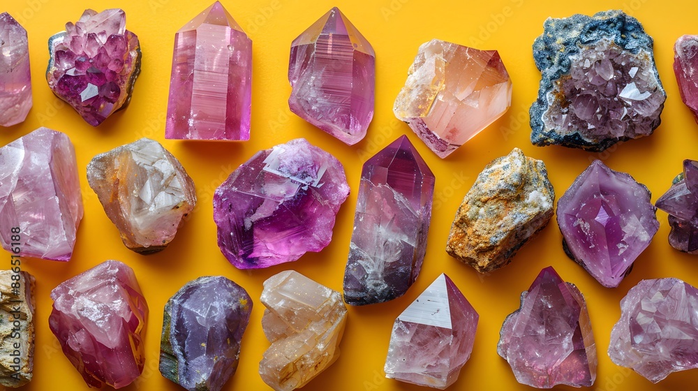 Assorted gemstones and crystals, vibrant purple and pink hues, various shapes and sizes, polished stones, yellow background, flat lay composition, right-aligned arrangement, soft studio lighting. Assorted gemstones and crystals, vibrant purple and pink hues, various shapes and sizes, polished stones, yellow background, flat lay composition, right-aligned arrangement, soft studio lighting.