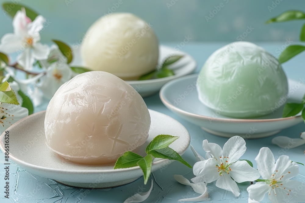 Multi-colored Japanese ice cream Mochi in rice dough and Jasmine flowers Multi-colored Japanese ice cream Mochi in rice dough and Jasmine flowers