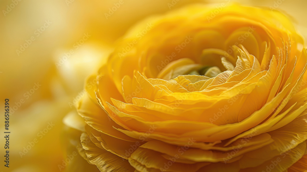 Detailed macro image of a yellow ranunculus bloom, focusing on its intricate layers Detailed macro image of a yellow ranunculus bloom, focusing on its intricate layers
