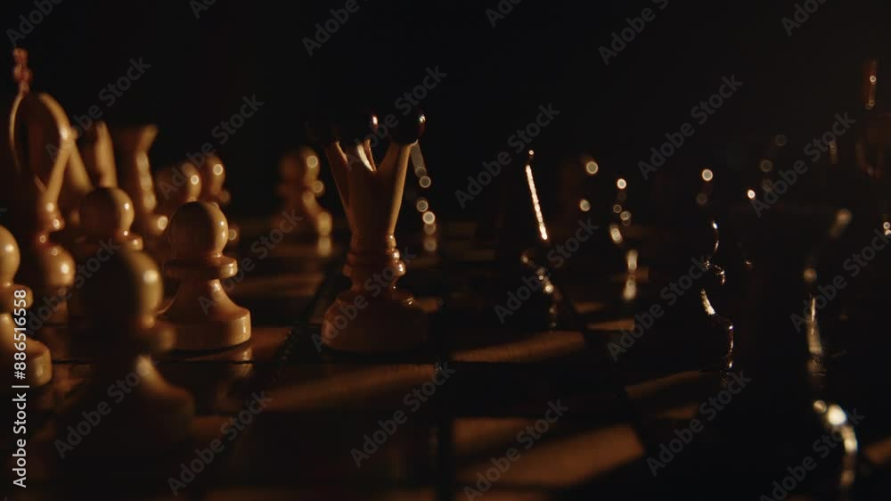 Beautiful retro chessboard and wooden figures in warm beam light, tactical board game, Close up, High quality 4k footage Beautiful retro chessboard and wooden figures in warm beam light, tactical board game, Close up, High quality 4k footage