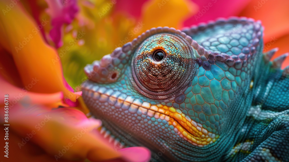 Obraz premium Detailed macro shot of a chameleon's eye and scales as it sits on a colorful flower