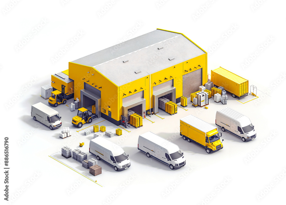smart simple yellow big warehouse isometric with van and truck deriverly fast on white background isolated smart simple yellow big warehouse isometric with van and truck deriverly fast on white background isolated