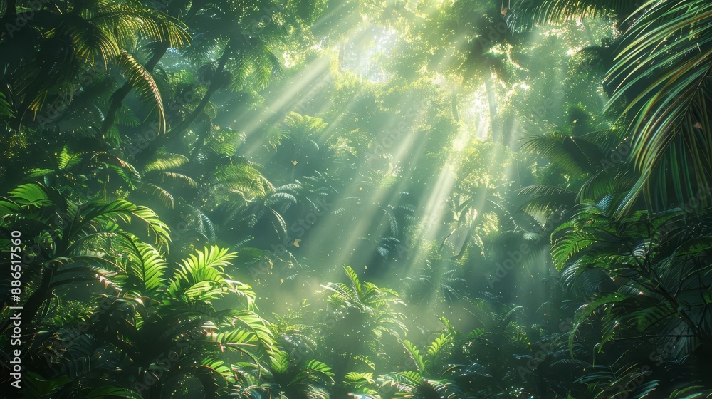 Obraz premium Sunlight filters through lush, dense foliage in a tropical rainforest, creating a serene and mystical atmosphere.