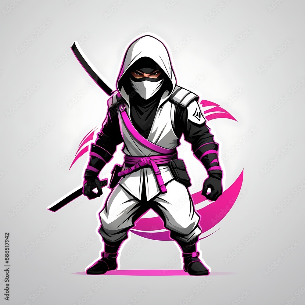 Ninja assassin mascot esport logo design, White and black masked ninja with pink background and horns. Suitable for martial arts, fantasy, and eSports designs. Ninja assassin mascot esport logo design, White and black masked ninja with pink background and horns. Suitable for martial arts, fantasy, and eSports designs.
