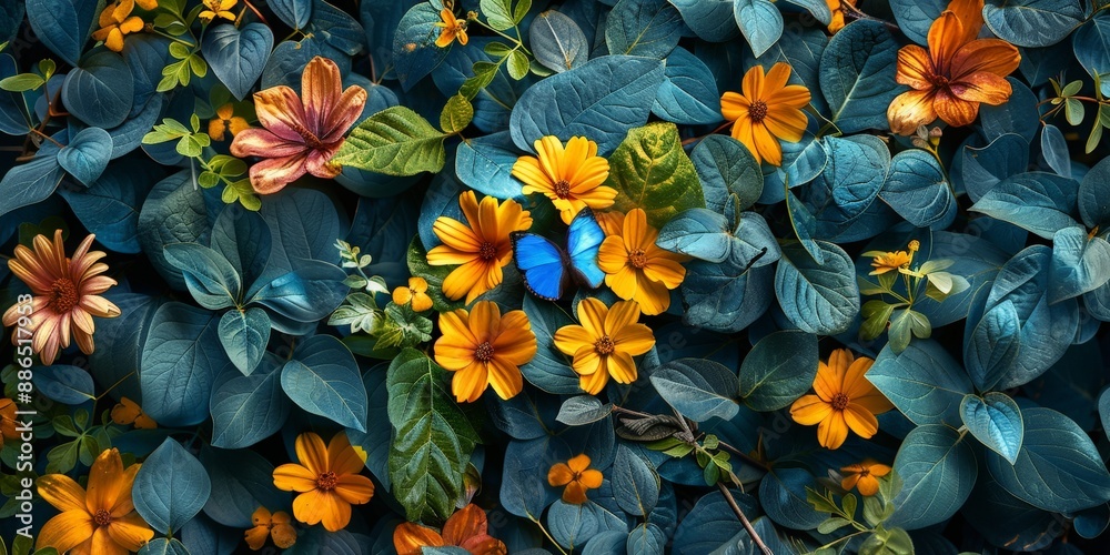 Colorful flowers and a blue butterfly in a vibrant garden scene.