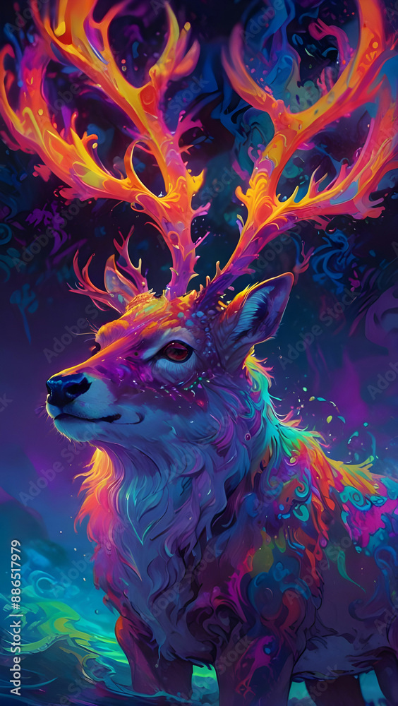 Psychedelic painting of a deer standing in front of a colorful swirl Psychedelic painting of a deer standing in front of a colorful swirl