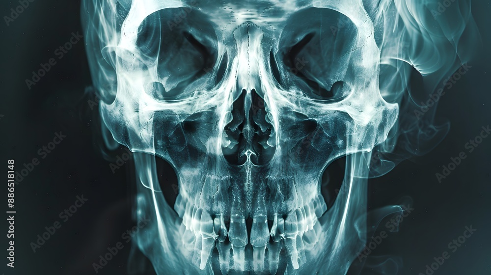 X-Ray of a Skull with Sinus Cavities: X-ray image of a human skull, showing detailed sinus cavities.
