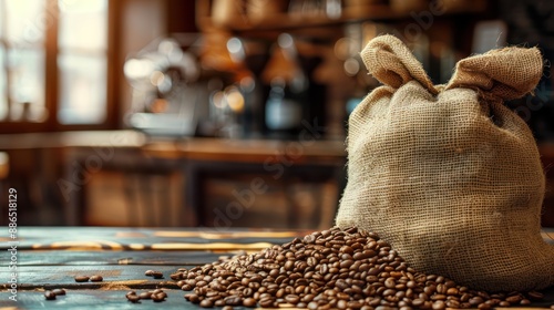 cozy coffee setting with a burlap sack of coffee grains as a decorative element, adding to the ambiance and inviting customers to enjoy freshly brewed coffee