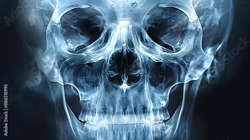 X-Ray of a Skull with Sinus Cavities: X-ray image of a human skull, showing detailed sinus cavities. 