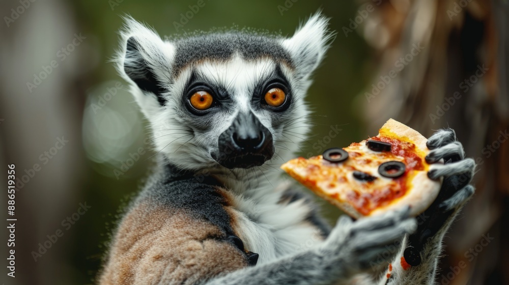 Obraz premium image of a lemur holding a slice of pepperoni pizza in a lush, tropical forest, with a surprised expression, playful and whimsical concept, horizontal photo, defocus