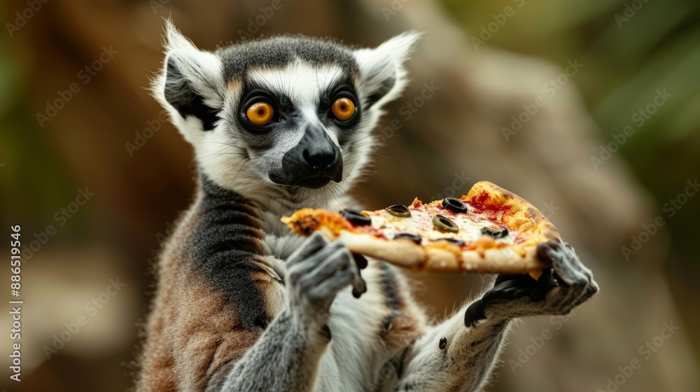 Obraz premium image of a lemur holding a slice of pepperoni pizza in a lush, tropical forest, with a surprised expression, playful and whimsical concept, horizontal photo, defocus