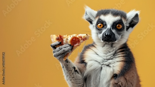 image of a lemur holding a slice of pepperoni pizza in a lush, tropical forest, with a surprised expression, playful and whimsical concept, horizontal photo, defocus
