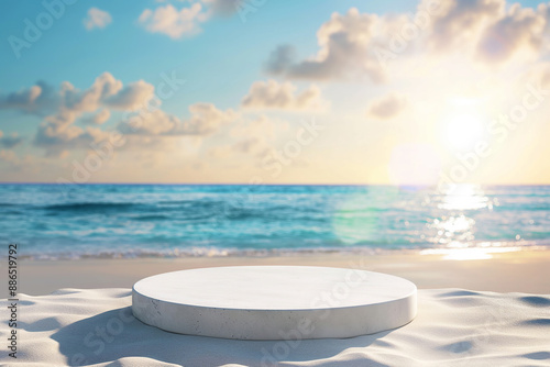 White Podium On Beach With Sunny Sky And Ocean View © EvgeniiasArt