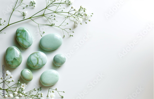 Smooth green stones with delicate white flowers on white background