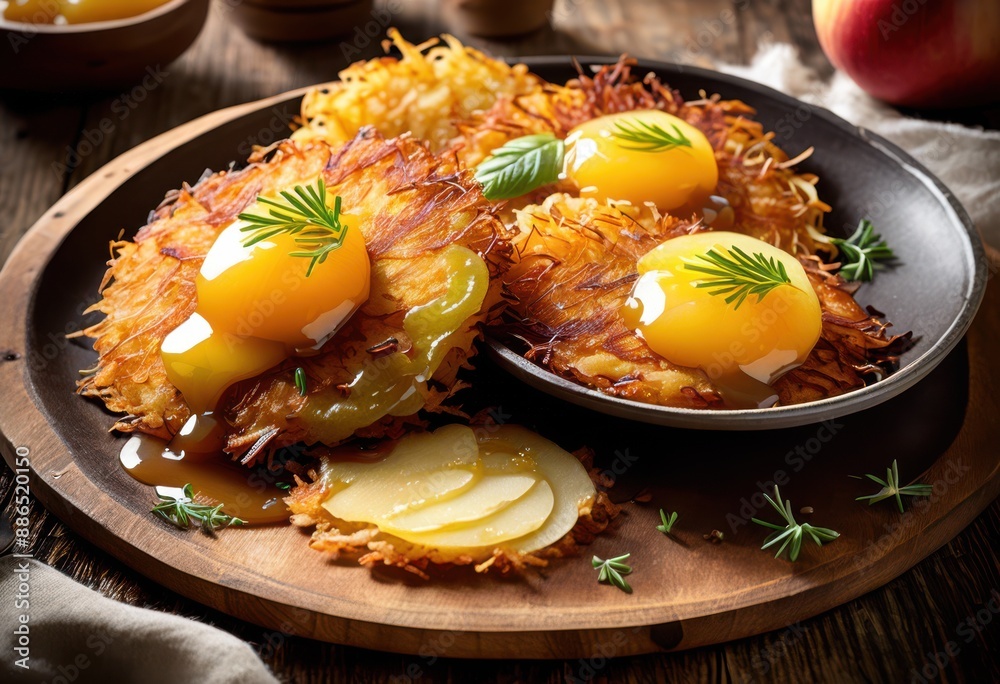 crispy latkes applesauce golden potato pancakes garnished sweet fruit puree, topping, fried, dessert, mashed, topped, fry, mash, brown, glaze, applesaucemeal, cover,