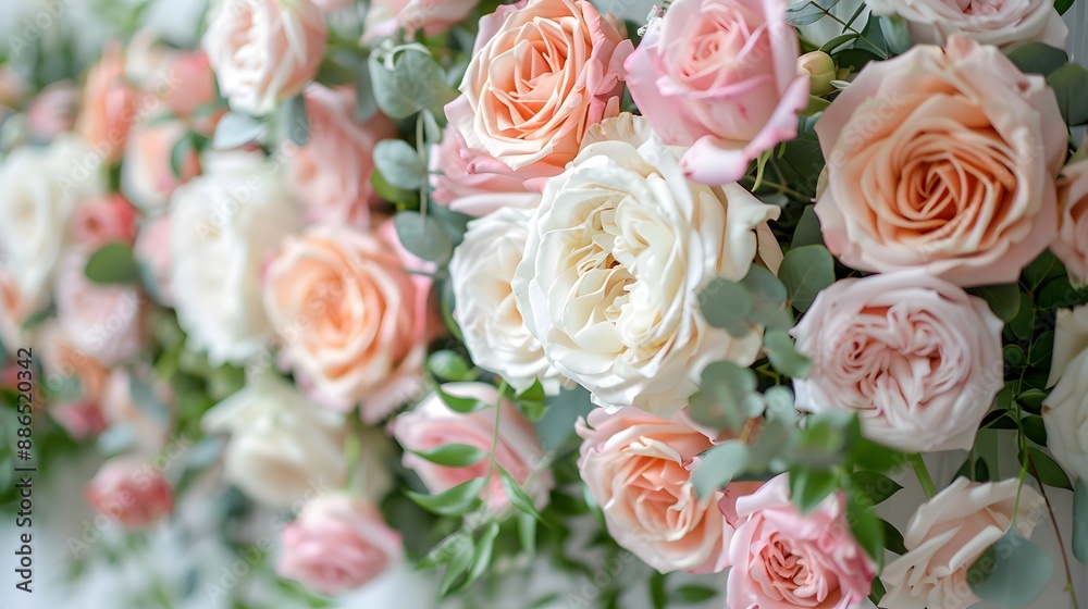 Elegant wedding arch adorned with blush pink and ivory roses, set against a pristine white backdrop, capturing the essence of a classic romantic scene. Elegant wedding arch adorned with blush pink and ivory roses, set against a pristine white backdrop, capturing the essence of a classic romantic scene.