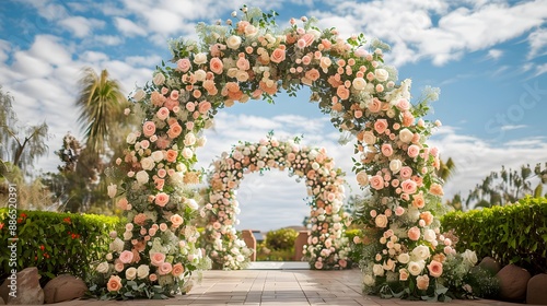 Elegant wedding arch adorned with blush pink and ivory roses, set against a pristine white backdrop, capturing the essence of a classic romantic scene.