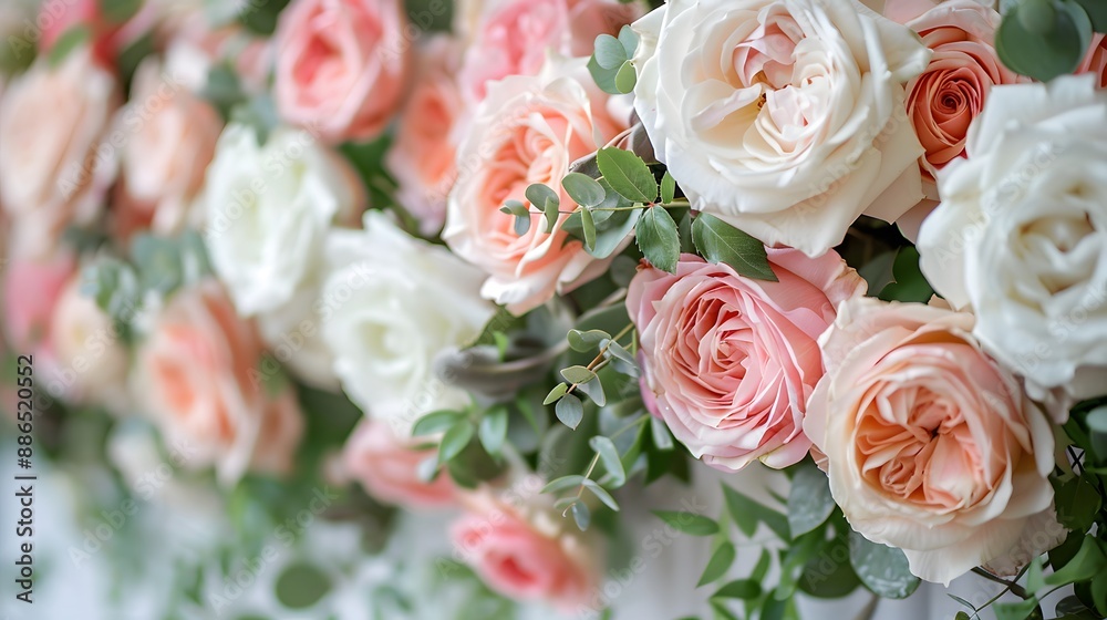 Elegant wedding arch adorned with blush pink and ivory roses, set against a pristine white backdrop, capturing the essence of a classic romantic scene. Elegant wedding arch adorned with blush pink and ivory roses, set against a pristine white backdrop, capturing the essence of a classic romantic scene.