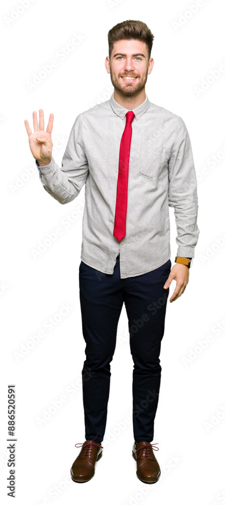 Young handsome business man showing and pointing up with fingers number four while smiling confident and happy. Young handsome business man showing and pointing up with fingers number four while smiling confident and happy.
