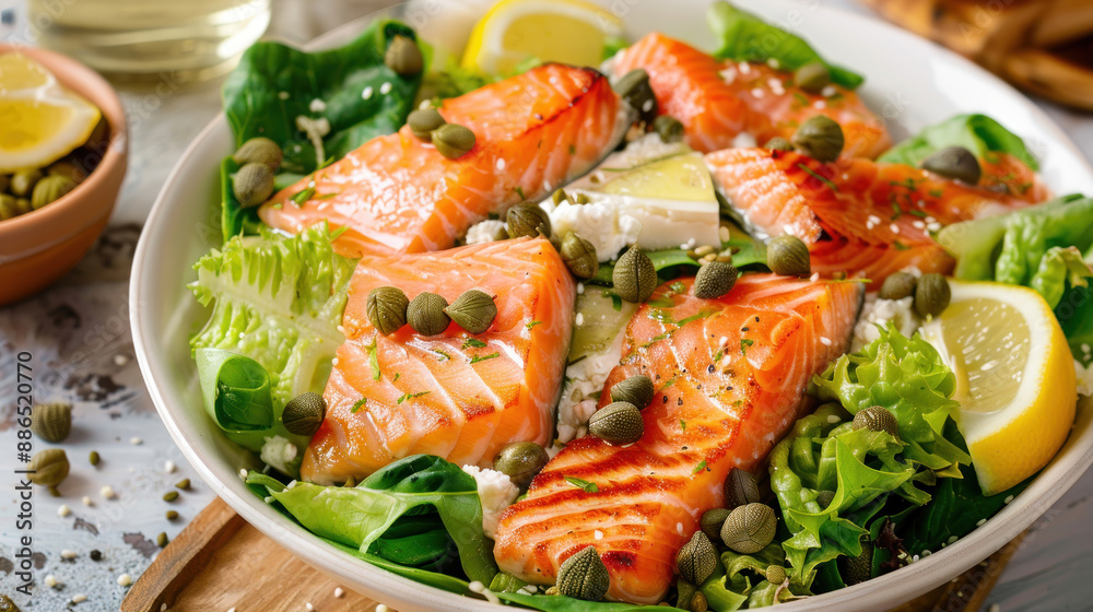 Gourmet Caesar salad with smoked salmon, capers, romaine lettuce, and lemon wedges Gourmet Caesar salad with smoked salmon, capers, romaine lettuce, and lemon wedges