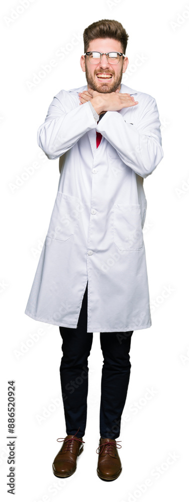 Young handsome scientist man wearing glasses shouting and suffocate because painful strangle. Health problem. Asphyxiate and suicide concept. Young handsome scientist man wearing glasses shouting and suffocate because painful strangle. Health problem. Asphyxiate and suicide concept.