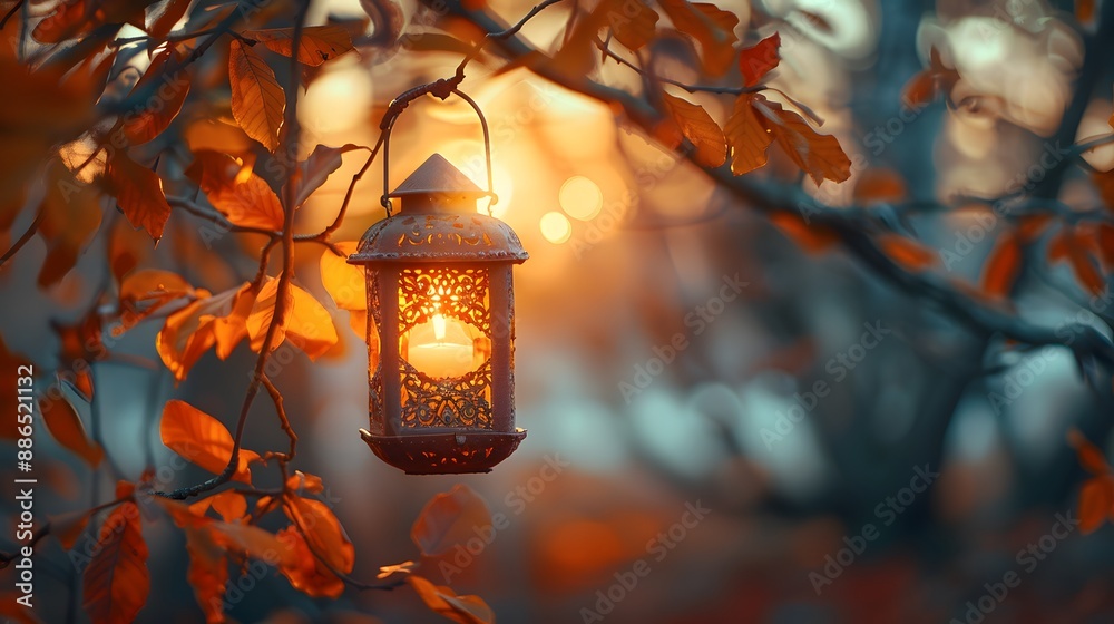 Glowing lantern hanging from tree branch, warm autumn evening, golden light, cozy atmosphere, orange and brown leaves, soft focus background, magical forest ambiance, dusk lighting. Glowing lantern hanging from tree branch, warm autumn evening, golden light, cozy atmosphere, orange and brown leaves, soft focus background, magical forest ambiance, dusk lighting.
