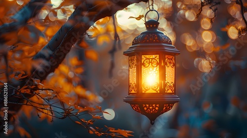 Glowing lantern hanging from tree branch, warm autumn evening, golden light, cozy atmosphere, orange and brown leaves, soft focus background, magical forest ambiance, dusk lighting.