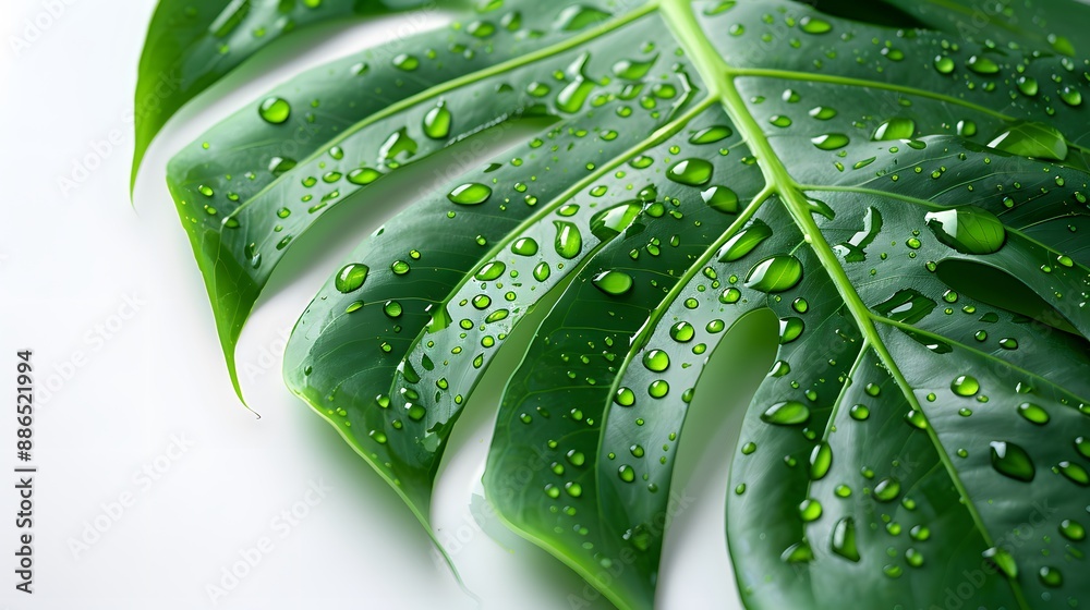 Hyper-realistic close-up of water droplets on tropical monstera leaf. Vibrant green against pure white background. Macro photography style with shallow depth of field. Sleek product showcase template. Hyper-realistic close-up of water droplets on tropical monstera leaf. Vibrant green against pure white background. Macro photography style with shallow depth of field. Sleek product showcase template.