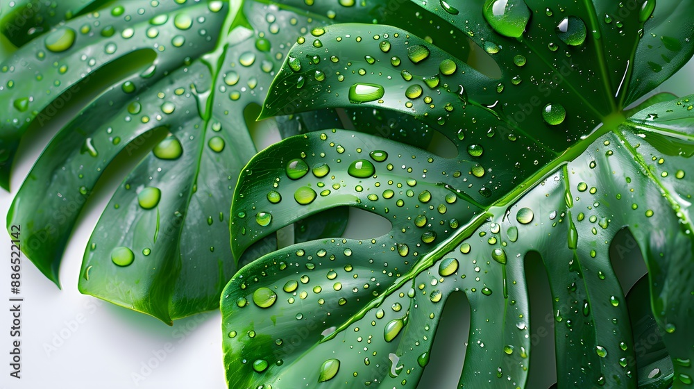 Hyper-realistic close-up of water droplets on tropical monstera leaf. Vibrant green against pure white background. Macro photography style with shallow depth of field. Sleek product showcase template. Hyper-realistic close-up of water droplets on tropical monstera leaf. Vibrant green against pure white background. Macro photography style with shallow depth of field. Sleek product showcase template.