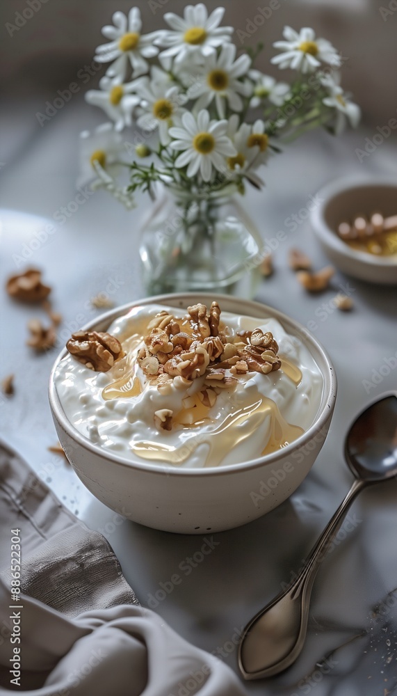 a bowl of yogurt with a spoon and a vase of flowers a bowl of yogurt with a spoon and a vase of flowers