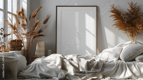 Image of a serene bedroom with a blank frame on a pale grey wall, complemented by cozy textiles, subtle decorative items, and a calming atmosphere.