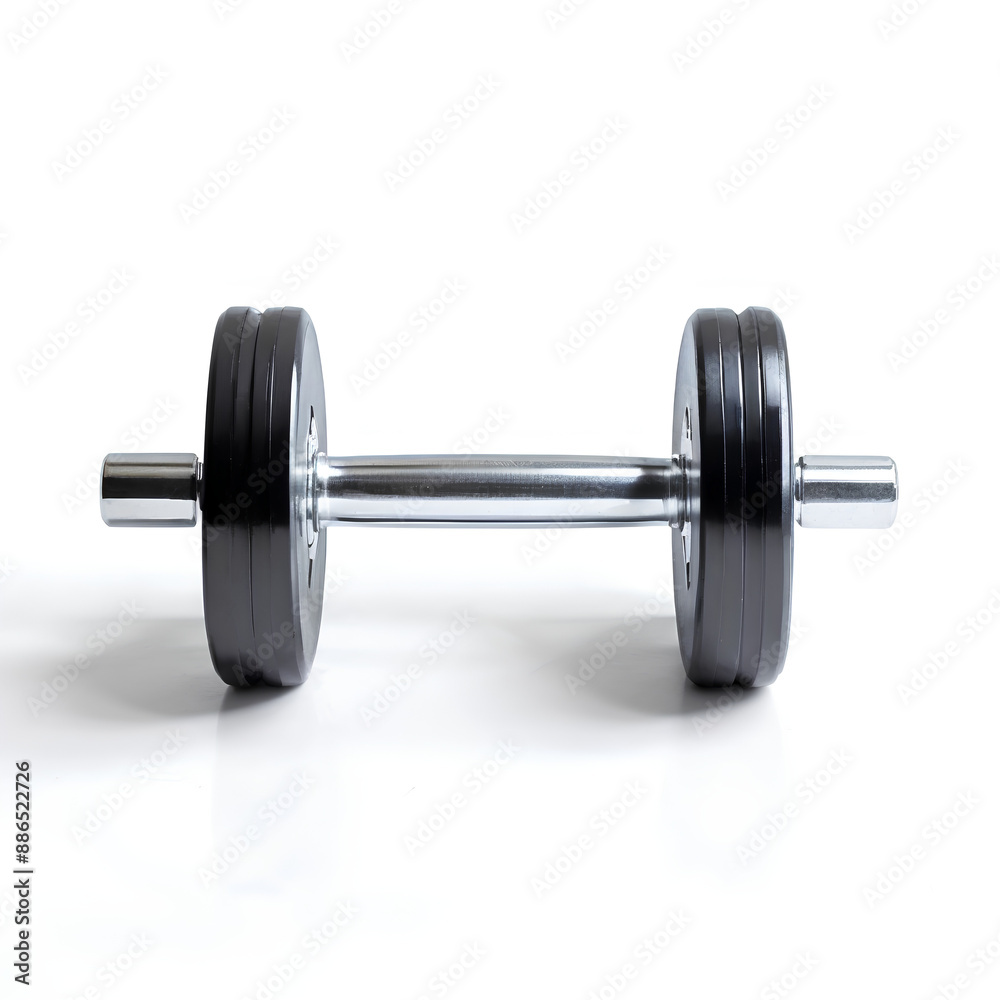 A dumbbell on a white background, showing clear details and clean lines with soft lighting highlighting its form. A dumbbell on a white background, showing clear details and clean lines with soft lighting highlighting its form.