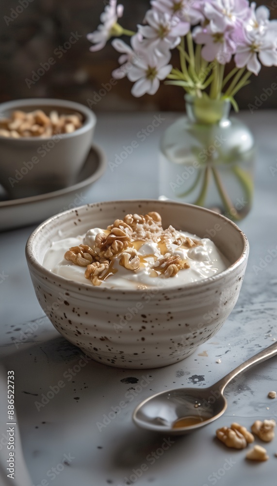 a bowl of yogurt with walnuts and a spoon a bowl of yogurt with walnuts and a spoon