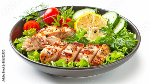 Delicious and healthy grilled chicken breast salad with fresh vegetables on a plate