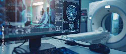 A clinical setting features a detailed computer screen with multiple MRI images, emphasizing advanced medical technology and patient care.