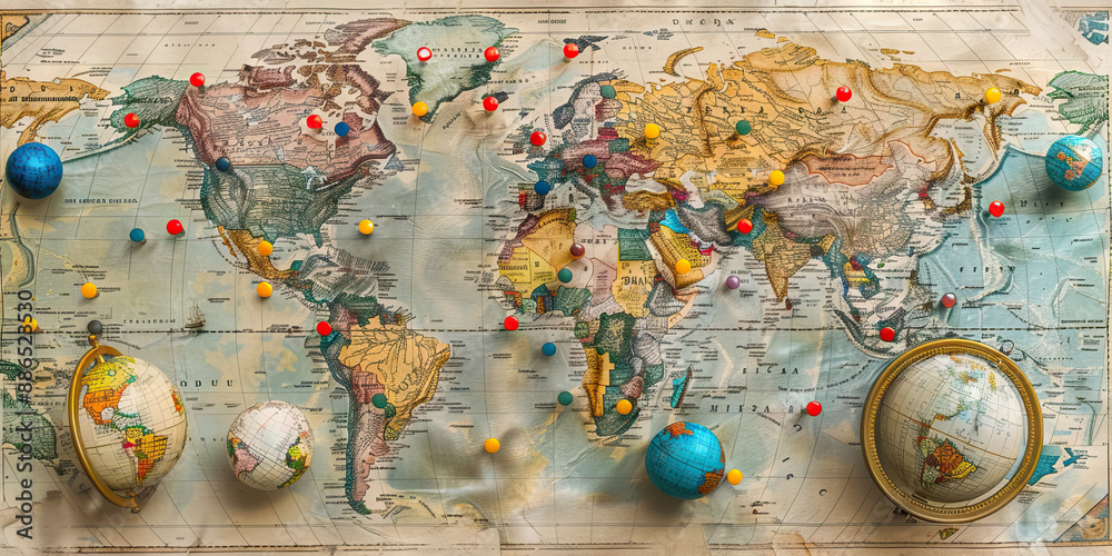 Fototapeta premium The Strength of Allies: A vintage map with pins marking allied countries, surrounded by globes.