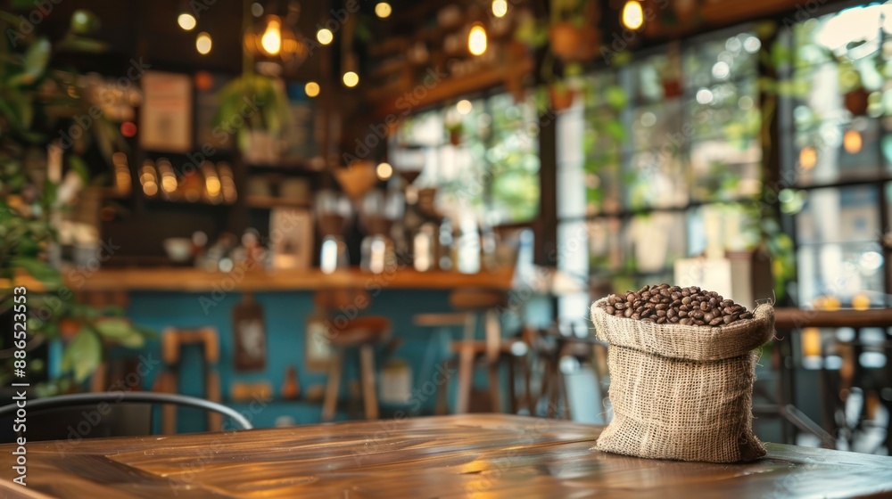 cozy coffee setting with a burlap sack of coffee grains as a decorative element, adding to the ambiance and inviting customers to enjoy freshly brewed coffee