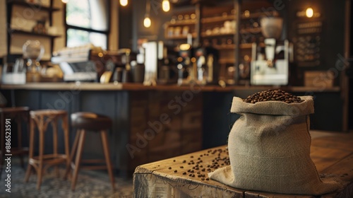 cozy cafÃ© setting with a burlap sack of coffee grains as a decorative element, adding to the ambiance and inviting customers to enjoy freshly brewed coffee
