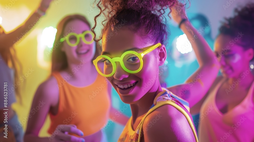 Portrait of a young woman with curly hair, wearing fashionable glasses, and dancing at a party with her friends in the background. Portrait of a young woman with curly hair, wearing fashionable glasses, and dancing at a party with her friends in the background.