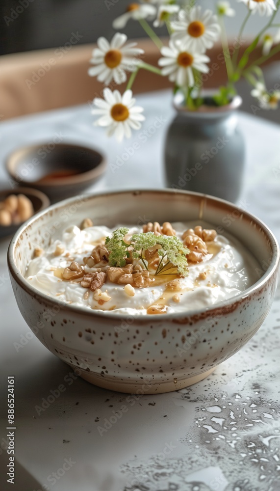 a bowl of food on a table with flowers in the background a bowl of food on a table with flowers in the background