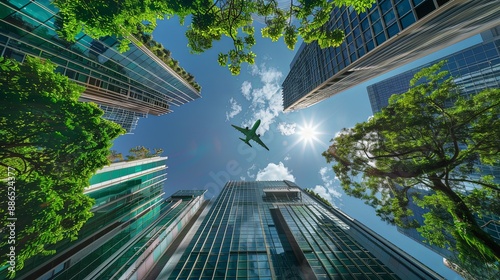 Green building concept with airplane in the sky. Environmentally friendly building. Sustainable glass office building with tree for carbon dioxide reduction. Office with green environment. Company bui