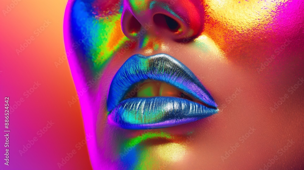 A woman's face is painted with bright colors, including blue and purple. The colors are vibrant and eye-catching, creating a sense of energy and excitement A woman's face is painted with bright colors, including blue and purple. The colors are vibrant and eye-catching, creating a sense of energy and excitement