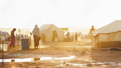 Sunset at a refugee camp in the vast desert with people gathering around fires, children playing, and tents billowing in the wind photo