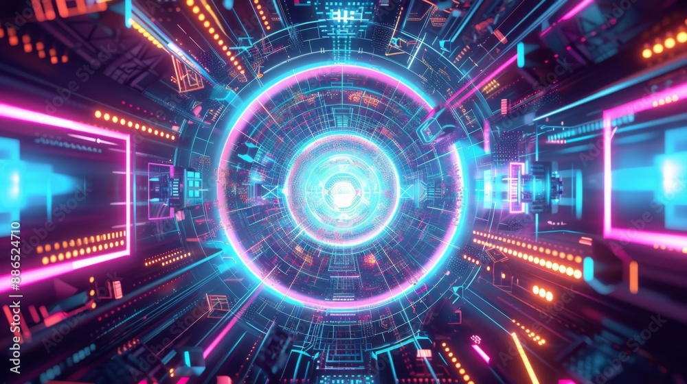 Fototapeta premium A futuristic abstract digital artwork with neon lights and geometric patterns.